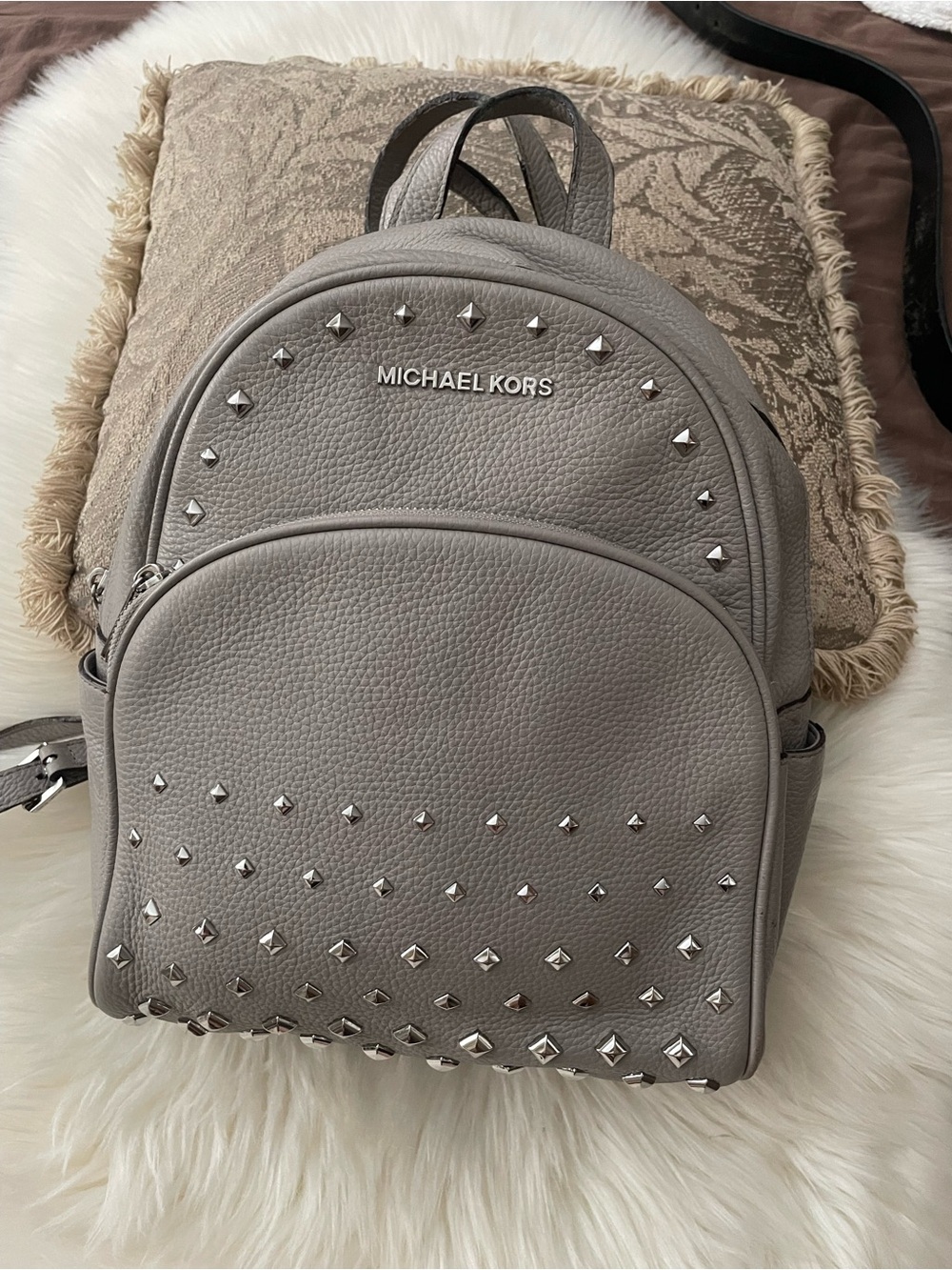 MICHAEL KORS Pebbled Leather Studded Backpack in Light Gray